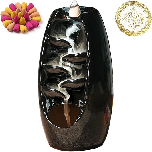 INONE Ceramic Incense Burner with 120 Cones, Waterfall Backflow Incense Holder, Aromatherapy Ornament, Zen Decor, Home Decor, Room Decor (Black)