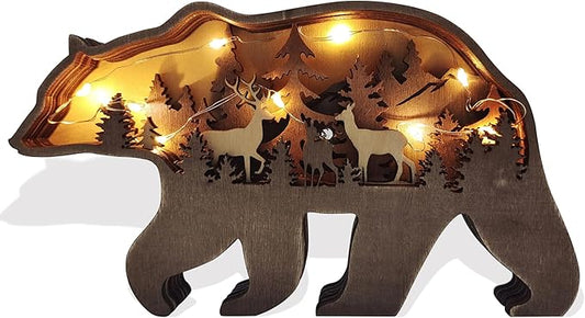Light Up Bear Art Decor Wooden Brown Bear Figurine with LED Home Shelf Desk Decorations Rustic Multi-Layer Bear Crafts