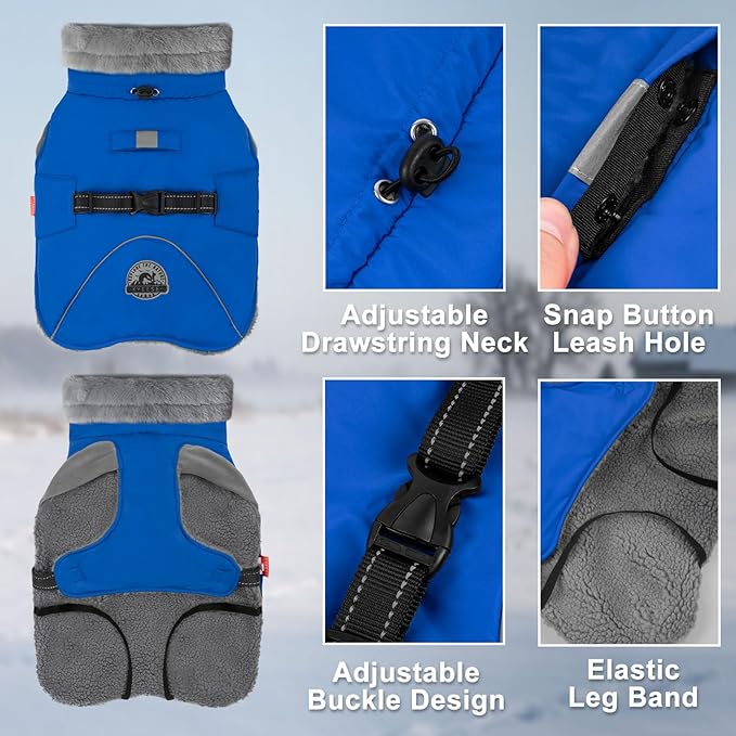 KYEESE Waterproof Dog Coat, Windproof Warm Winter Jacket with Leash Hole, Reflective Cold Weather Dog Coats for Small Dogs, Outdoor Pet Coat Cozy Puppy Jacket Thick Fleece Lined, Blue, Small
