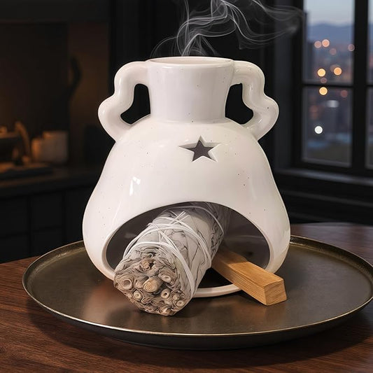 Handmade Ceramic Palo Santo Holder Burner & Sage Holder - Mini Tabletop Chiminea Burner Tray with Ash Catcher, Decorative Incense Holder for Spiritual Meditation & Yoga