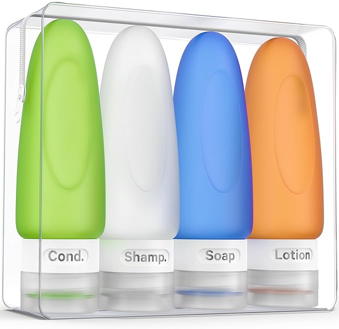 Dot&Dot Leak Proof Travel Bottles - TSA Approved 3oz Silicone Toiletries Travel Shampoo & Conditioner Containers with Labels