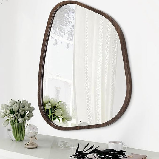 Asymmetrical Wall Mirror Irregular Wood Frame Modern Unique Wall-Mounted Artistic Wavy Mirror Decor Bathroom Vanity Bedroom Living Room Entryway Hallway 14"x10"