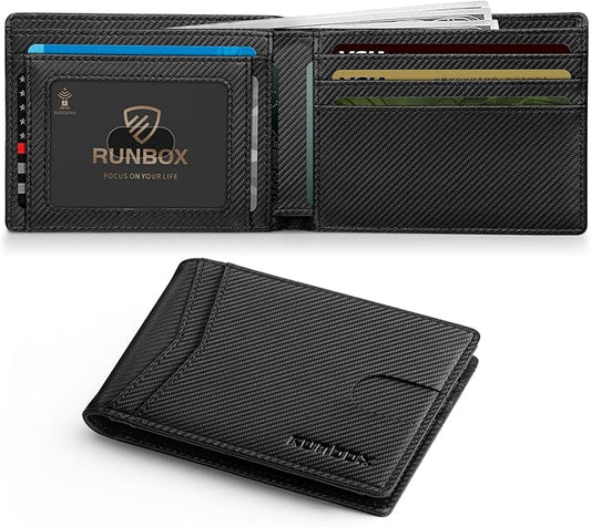 RUNBOX Wallet for Men Slim Leather Bifold RFID Blocking Minimalist Front Pocket Design with Gift Box