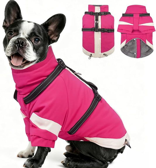 MIGOHI Waterproof Dog Coat with Harness Adjustable Dog Jacket Pet Winter Coat with Zipper,Christmas Small Fleece Jacket for Small Dogs,Extra Long Sleeves Warm Winter Snowsuit for Dogs,M,Rosered