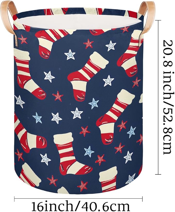 Sock Pattern Stars Laundry Basket Foldable Laundry Baskets With Leather Handles for Bedroom Bathroom Toys Decorative Basket