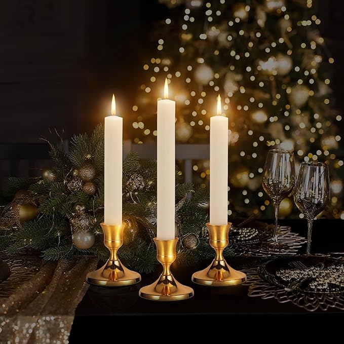 4 Pcs Brass Gold Taper Candle Holders, Vintage Metal Candlestick Holders Set for Dining Table, Wedding & Party Centerpiece Decor, Fits Standard Taper Candles, Mantel & Home Decorations