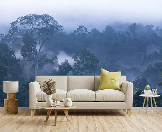 Misty Forest Morning Landscape View, Forest Wallpaper Mural for Living Room, Bedroom, Dining Room Background Wall（Non-self-Adhesive）