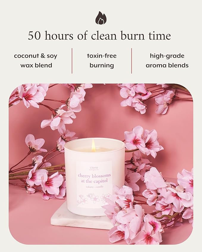 Literie DC Inspired Scented Candle: Cherry Blossoms at The Capitol - Sakura & Vanilla Scent, 9oz, 50 Hour Burn, Vegan Soy & Coconut Blend Candle for Home Decor, Gift for Women & Men