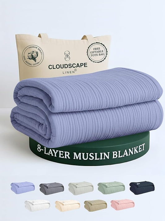 Cloud Scape Linen 8-Layer Muslin Blanket King Size for Adult - 100% Cotton, Breathable and Soft, Perfect Winter Cozy Blanket, Fits up to California King Bed, 92x108, Lavender Blue