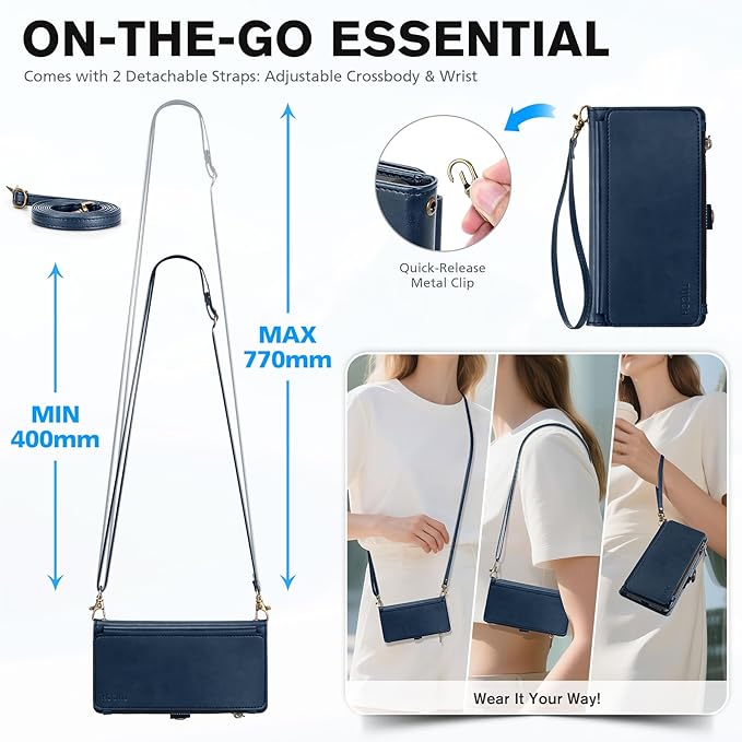 TUCCH Crossbody Detachable Wallet Case for iPhone 17 (6.3") 2025, 9 Card Holders RFID Blocking, Wireless Charging, Stand, Wrist Strap, Lanyard, Zipper Pocket, PU Leather Shockproof Cover, Dark Blue