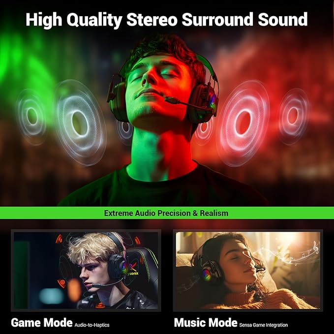 Wireless Gaming Headset with Noise Canceling Microphone for PC, PS5, PS4, Switch, Mac, 2.4 GHz Wireless & Bluetooth 5.4 Gaming Headphones, Cool RGB Lighting, 40Hr Battery, 50mm Drivers(Black Green)