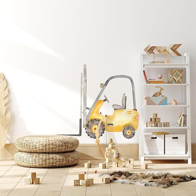 Construction Forklift Wall Decal for Boys Room, Lift Truck Construction Eqipment Peel Stick Removable Fabric Wall Sticker, Nursery or Playroom Decor, Repositionable (16 inch: 14" Tall x 16" Wide)