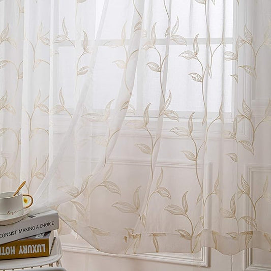 VISIONTEX Sheer Curtains 63 Inch Length 2 Panels Set Cream Beige Embroidered Floral Leaf Pattern Rod Pocket Semi Sheer Voile Window Curtains/Drapes for Bedroom Living Room 54 x 63 Inches