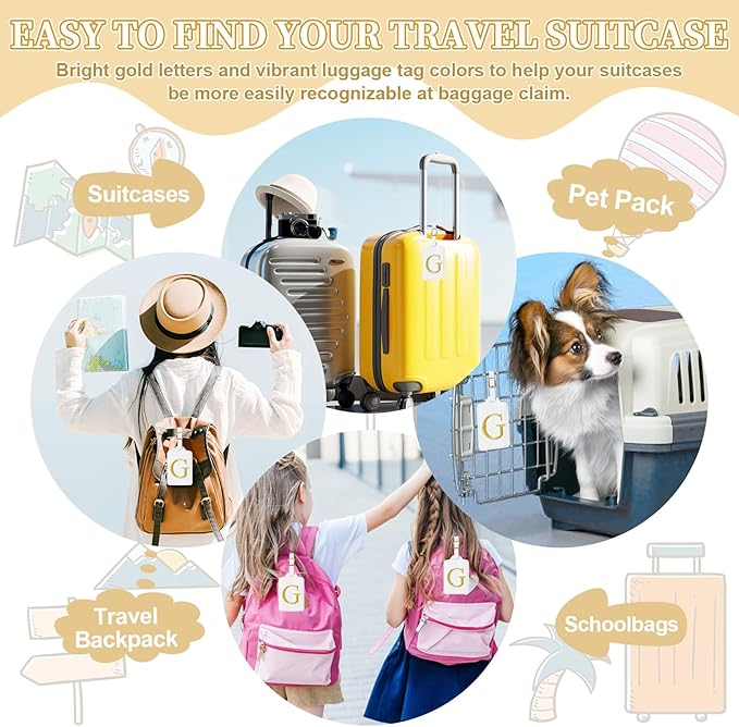 Personalized Initial Luggage Tags for Suitcase TSA Approved, White Leather Cute Luggage Tag with Privacy Cover Name Card, Embroidered Custom Luggage Tags Travel Baggage Tags Gifts for Women Kids(G)
