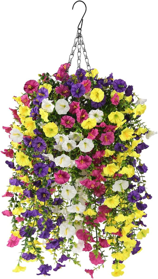 Homsunny Artificial Fake Hanging Flowers Plants Baskets for Outdoor Spring Decoration, Faux Morning Glory Silk Flower for Outside Realise UV Resistant Patio Yard Balcony Porch Home Decor (Mixed 2)