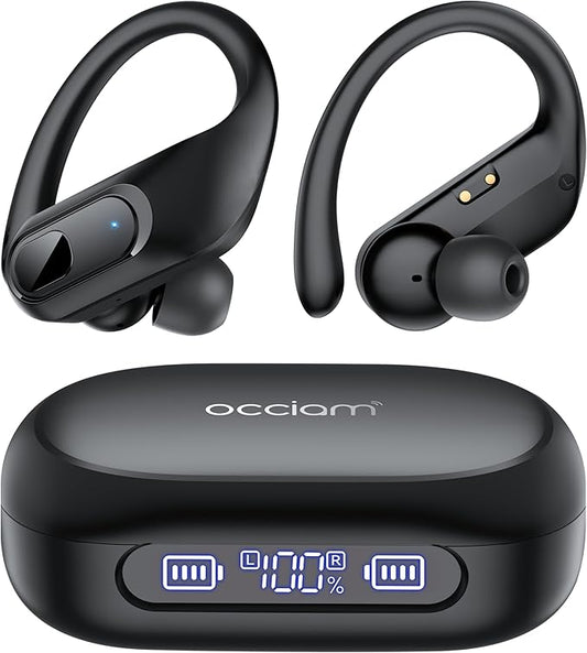 occiam Active Noise Cancelling Wireless Earbuds Bluetooth Headphones Ear Buds 96Hrs Playback Clear Call Waterproof Earphones with Ear Hook Microphones for Sport Running (Black AI Buds Pro)
