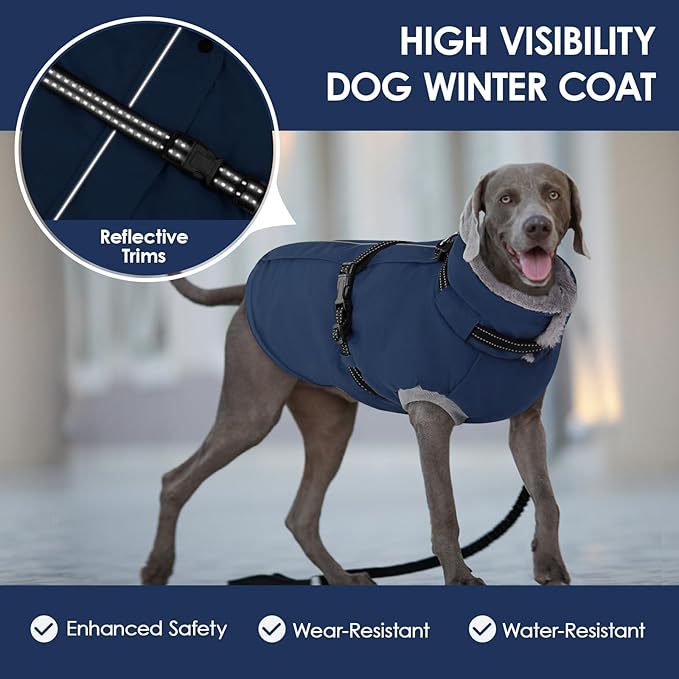 AOFITEE Dog Coat, Warm Dog Jacket Winter with Harness Built in, Waterproof Pet Snow Coat with Zipper on Back, Fleece Pet Sweater Puffer Jacket Snowsuit for Extra Large Dogs, Blue XXXL
