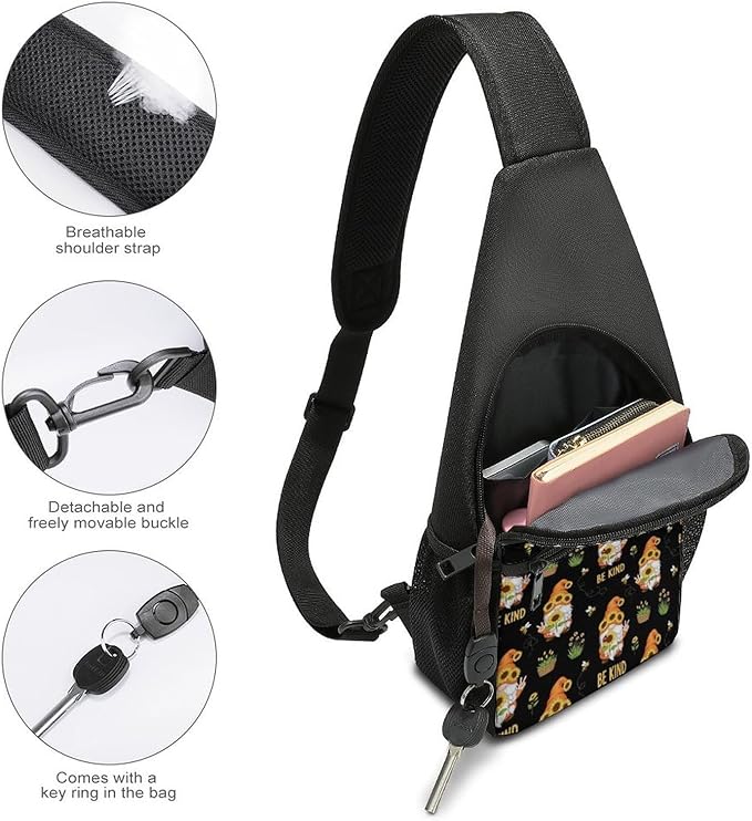 SWEET TANG Cool Sling Backpack for Men Women, Multipurpose Crossbody Shoulder Bag Be Kind Sunflower Gnome, Travel Hiking Zippered Daypack, Adjustable and Breathable