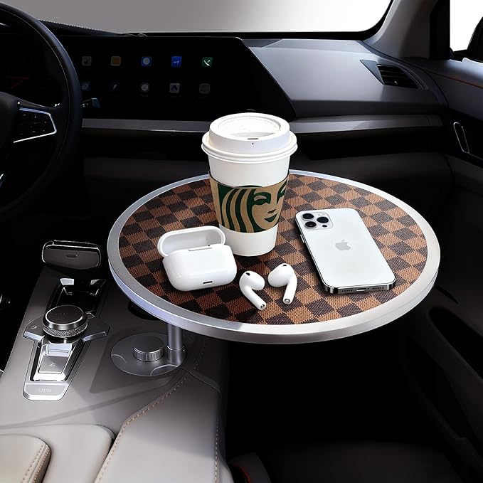 Car Tray Table & Car Desk for Laptop with 2 Risers and Anti-slip Pad, 360° Rotating Cup Holder for Working and Eating Compatible with Tesla Model 3/Y/S/Ensure The Cup Holder is Round/Brown