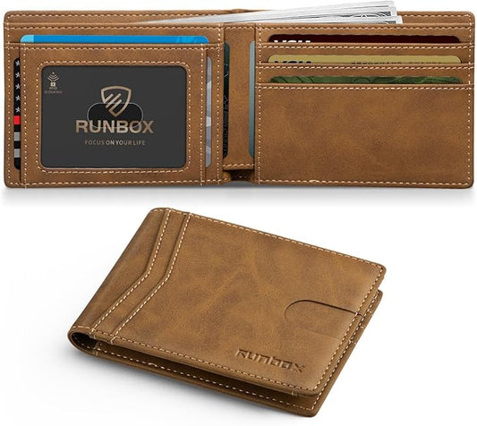 RUNBOX Wallet for Men Slim Leather Bifold RFID Blocking Minimalist Front Pocket Design with Gift Box