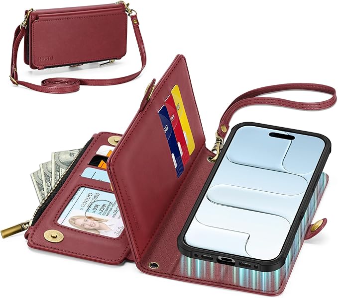 TUCCH Detachable Crossbody Case Wallet for iPhone Air 6.5", Wireless Charging | RFID Blocking 9 Card Holders | Lanyard | Wrist Strap | Stand | Zipper Pocket | PU Leather | Magnetic Cover | Dark Red