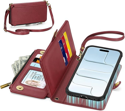 TUCCH Detachable Crossbody Case Wallet for iPhone Air 6.5", Wireless Charging | RFID Blocking 9 Card Holders | Lanyard | Wrist Strap | Stand | Zipper Pocket | PU Leather | Magnetic Cover | Dark Red