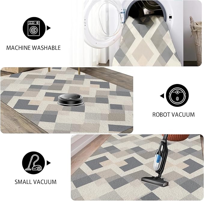 Modern Area Rug Living Room Rugs 6x9, Minimalist Soft Boho Geometric Rug, Non-Slip Washable Low Pile Non Shedding Carpet for Bedroom Office Dining Room Kitchen Nursery, Gray Beige White
