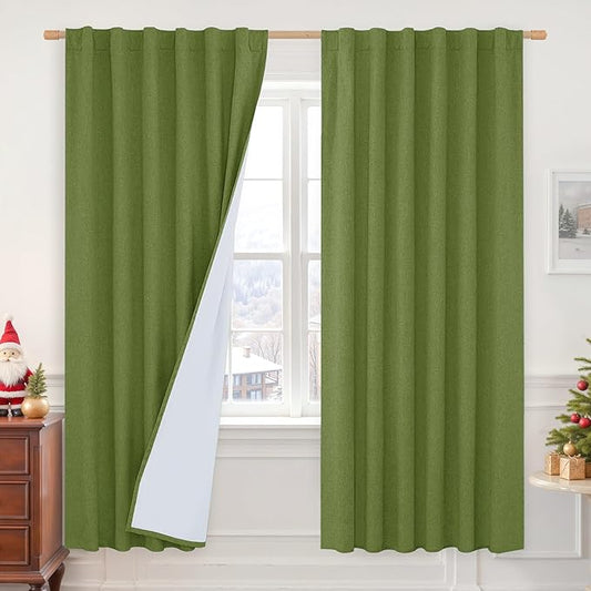 LAMIT Olive Green 100% Blackout Linen Curtains, 80 Inch Linen Textured Living Room Bedroom Drapes Room Darkening Back Tab and Rod Pocket Christmas Panels with White Liner, 2 Panels, 52 x 80 Inch
