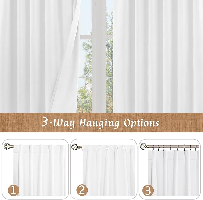 LAMIT White 100% Blackout Linen Curtains, 72 Inches Linen Textured Living Room Farmhouse Curtains Full Room Darkening Back Tab and Rod Pocket Burlap Panels with White Liner, 2 Panels, 52 x 72 Inch