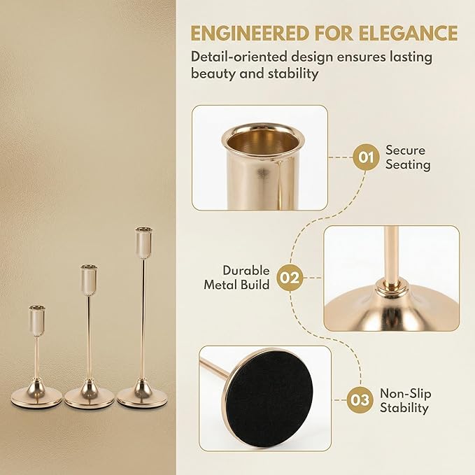 3 Pcs Gold Candlestick Holders Set - Vintage Brass Taper Candle Holder for Pillar Candles - Modern Decorative Centerpiece for Wedding Fireplace Mantel Decor - Cozy Atmosphere Housewarming Gift