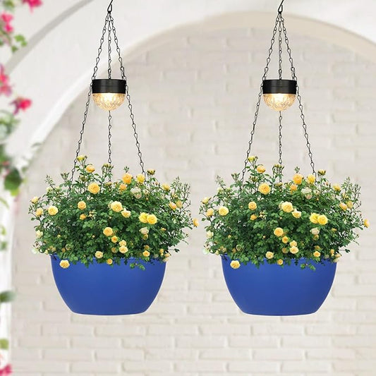 SUNNYPARK 2 Packs Hanging Planters Basket for Outdoor Plants, Solar Powered Self Watering Blue Round Plastic Flower Pots with Drainer for Balcony Patio Garden Outdoor Decoration