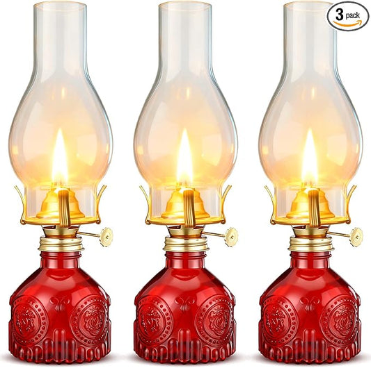 3 Pcs Red Chamber Oil Lamps for Indoor Use 10.6'' Vintage Kerosene Lamp Hurricane Oil Lantern Adjustable Fire Wick Decorative Lantern for Valentines Wedding Table Decor Emergency Lighting