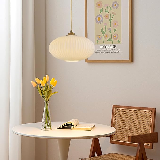 KCO Lighting Mid Century Modern Gold Globe Pendant Lighting Brushed Brass White Opal Glass Pendant Light Antique Farmhouse Single Hanging Kitchen Island Lighting Fixture