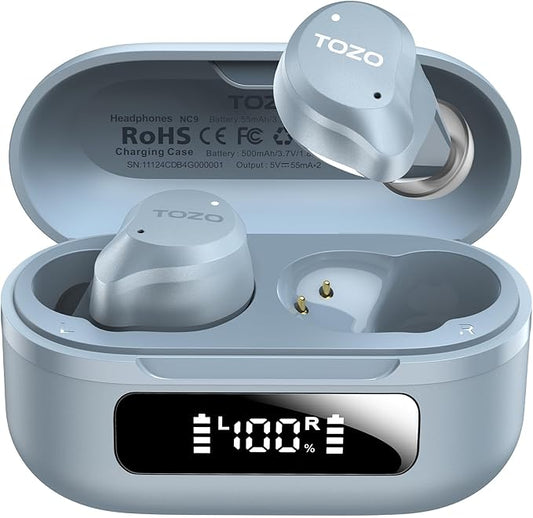 TOZO NC9 Hybrid Active Noise Cancelling Wireless Earbuds, 6 Mics ENC Clear Call, IPX8 Waterproof, in Ear Bluetooth 5.3 Headphones Stereo Bass Ear Buds 60H Playtime with LED Display 32 EQs via APP