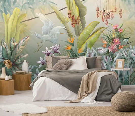 Hand-Painted Colorful Leaves Wall Mural, White Cranes Playful Leaves Wallpaper, Wall Decorations（Non-self-Adhesive）