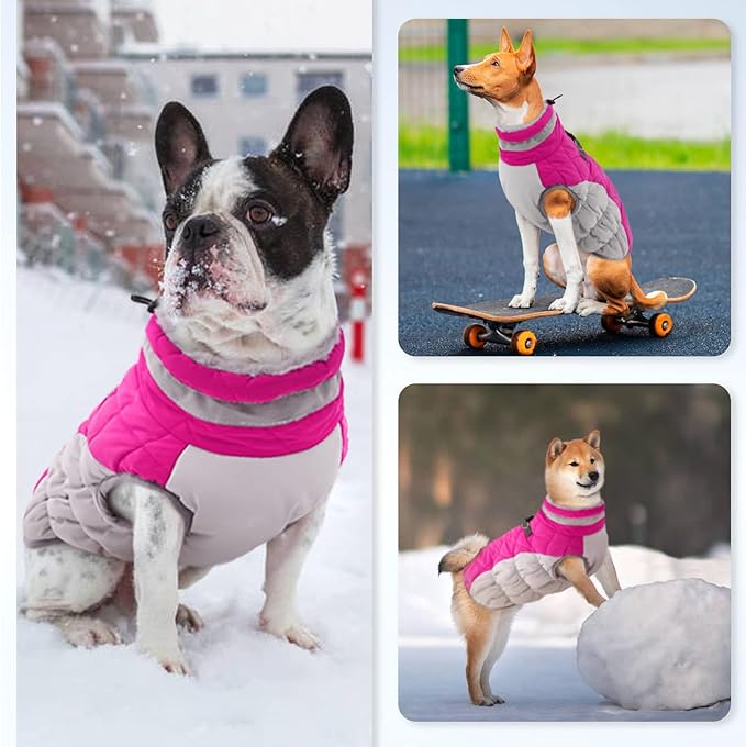 OUOBOB Winter Dog Coat,Large Dog Jacket,Waterproof Pet Jacket with Back Zipper,Pet Coat with Harness Built in,Warm Dogs Coat with Fleece Lined,Snow Jacket Clothes French Bulldog Shiba Inu,Rose Red,L