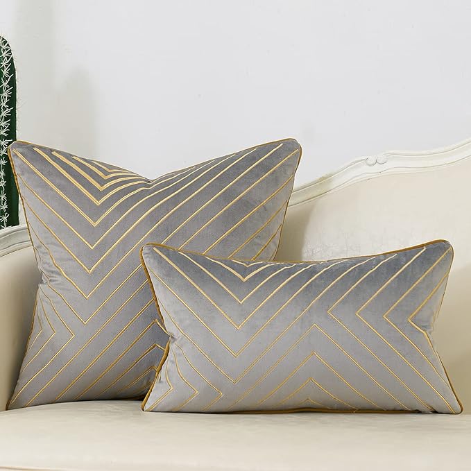 Avigers 20 x 20 Inch Grey Gold Striped Geometric Lines Embroidery Velvet Cushion Case Luxury Modern Throw Pillow Cover Decorative Pillow for Couch Living Room Bedroom Car 50 x 50cm