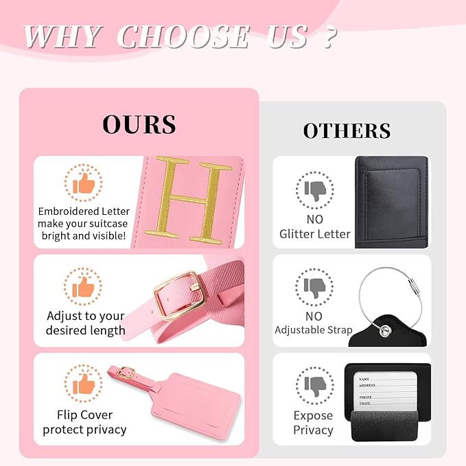 Personalized Initial Luggage Tags for Suitcase, Pink Leather Cute Luggage Tags with Privacy Cover Name Card, Embroidered Custom Monogrammed Luggage Tag Travel Bag Baggage Tags Gifts for Women Kids(H)