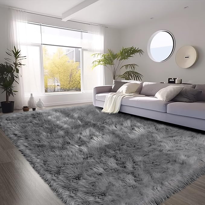 SERISSA Grey Faux Fur Area Rug, 5x8 Feet, Luxury Shaggy Rug for Living Room, Bedroom, Nursery Decor