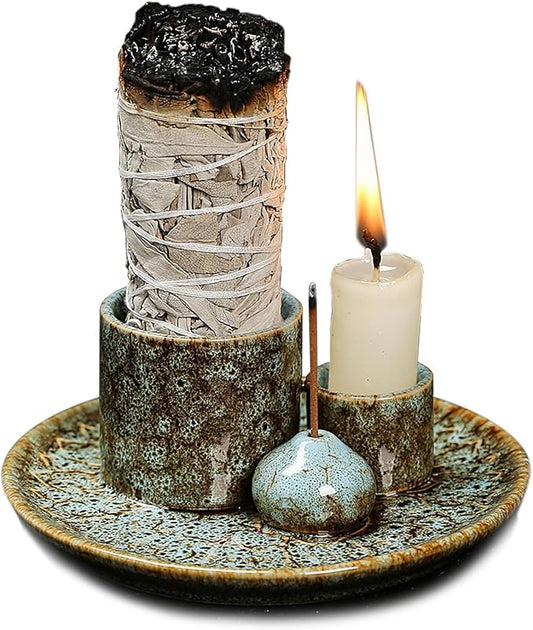 4 in 1 Multifunctional Ceramic Incense and Candle Holder with Ash Catcher Tray Suit for Burning White Sage, Palo Santo Sticks (Blue)