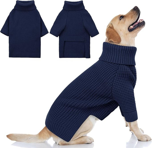 Queenmore Turtleneck Dog Sweater, Plaid Dog Sweater with Check Pattern, Long Sleeve Holiday Doggie Sweaters, Solid Pet Sweaters for Large Breeds, Navy Blue L