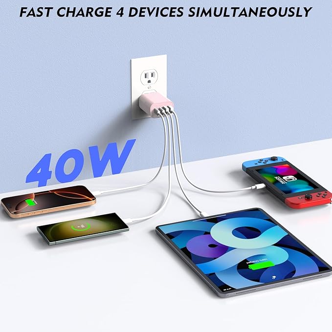 2 Pack USB C Wall Charger,40W Apple iPhone 17 Charger Block 4-Port Multiport PD Power Adapter + QC Wall Plug USBC Fast Charging Block Adapter for iPhone 17/Air/16e/17/16/15 Pro Max/14/13/12/iPad(Pink)