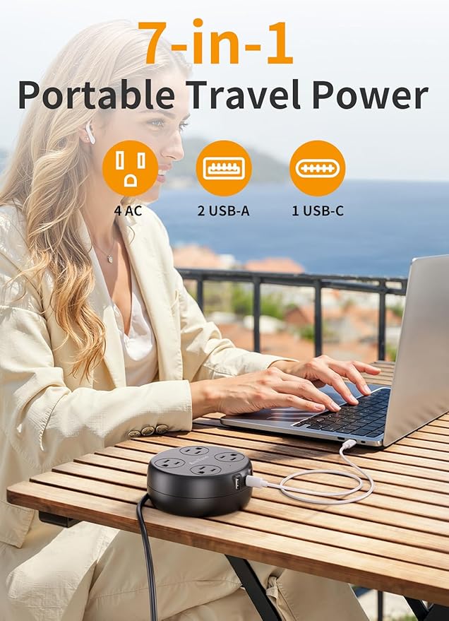 UK Travel Plug Adapter - Retractable Power Strip with 4 AC Outlets & 3 USB Ports (USB-C), Type G Adapter for US to UK, Ireland, Scotland, Hong Kong, Dubai (Black)