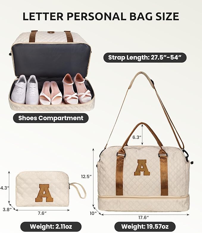 Vogewood Initial Duffle Bag with Shoe Compartment, Personalized Weekender Bag, Monogram Overnight Bag for Women with Trolley Sleeve & Wet Pocket, Letter Travel Bag with Makeup Bag (Letter J), Beige