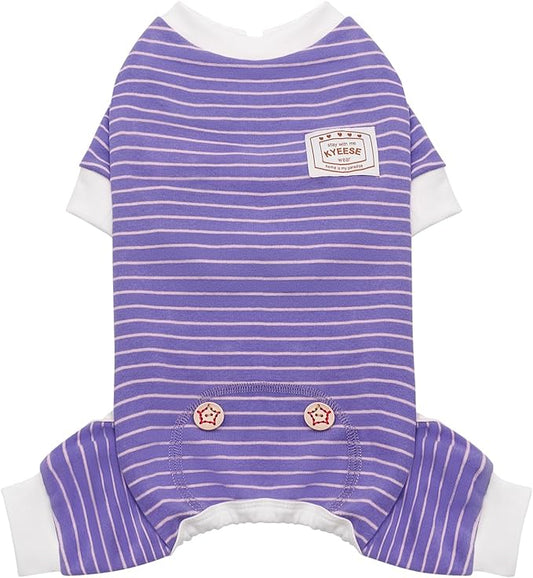 KYEESE Dog Pajamas Stretchable 4 Legs Doggie Jammies Striped Jumpsuit Lightweight Onesie Puppy Pajamas Cozy Outfit Comfortable Dog Clothes Hair Shedding Cover Pet Sleepwear,Purple Striped, Medium
