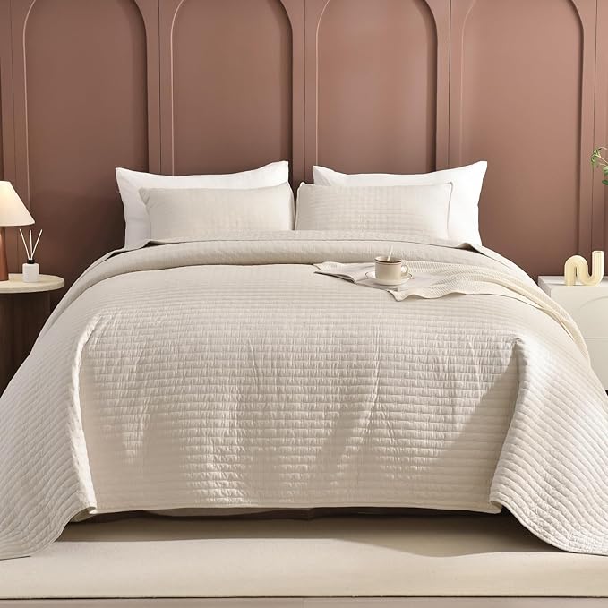 Sanracie California King Bedspreads 120"x120", 100% Cotton Wheat Colored Oversized King Quilt Coverlet Set Extra Large Wide Breathable Lightweight Cozy Cloud Quilt Bed Cover Thin Quilt for All Season