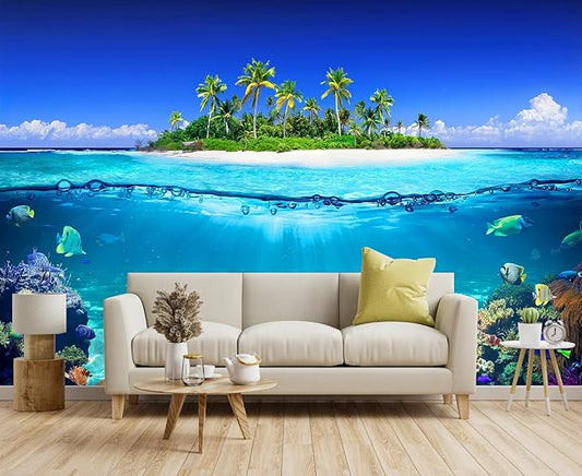 Tropical Islands and Coral Reefs, Waterline Split Landscape Mural, Beach Coconut Tree Wall Mural（Non-self-Adhesive）