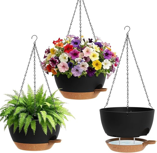 Set of 3-10 Inch Self Watering Hanging Planters for Indoor & Outdoor，Hanging Plant Pots with Drainage & Removable Tray, Hanging Pots Holder for Ivy, Pothos, Ferns, Balcony & Patio, Black with Brown