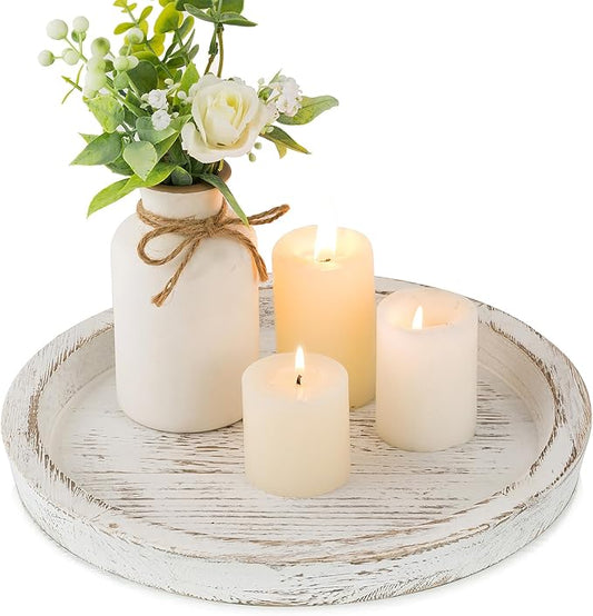 Hanobe Candle Plate Holder Tray: Round White Wood Decorative Tray Decor - Rustic Farmhouse CoffeeTable Decor - Tealight Pillar Trays for Home Decor