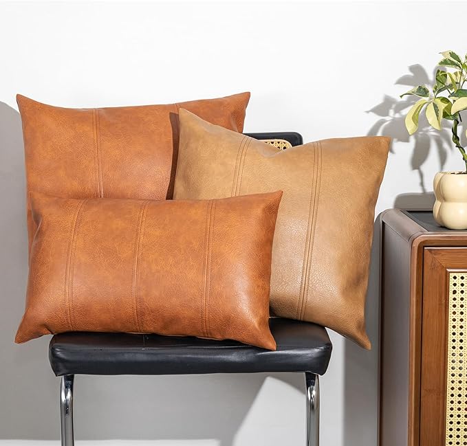 Faux Leather Throw Pillow Cover 16X16 Inch Set of 2 Brown Outdoor Modern Farmhouse Solid Decorative Pillow Covers for Room Couch Living Bedroom Bed Sofa
